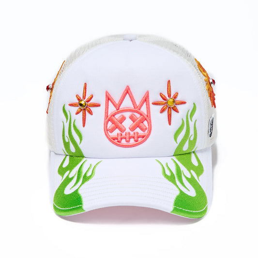 Cult's Mesh Back Trucker Hat "Sunny Daze Spider" In Winter White 626AC-CH65A