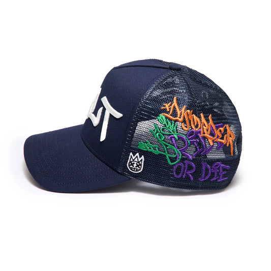 Cult's Mesh Back Trucker Hat "Graffiti" In Midnight Blue  626AC-CH66A
