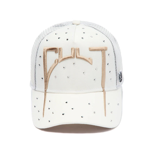Cult's Mesh Back Trucker Hat "Cult Arch Logo" In Winter White 626AC-CH68A