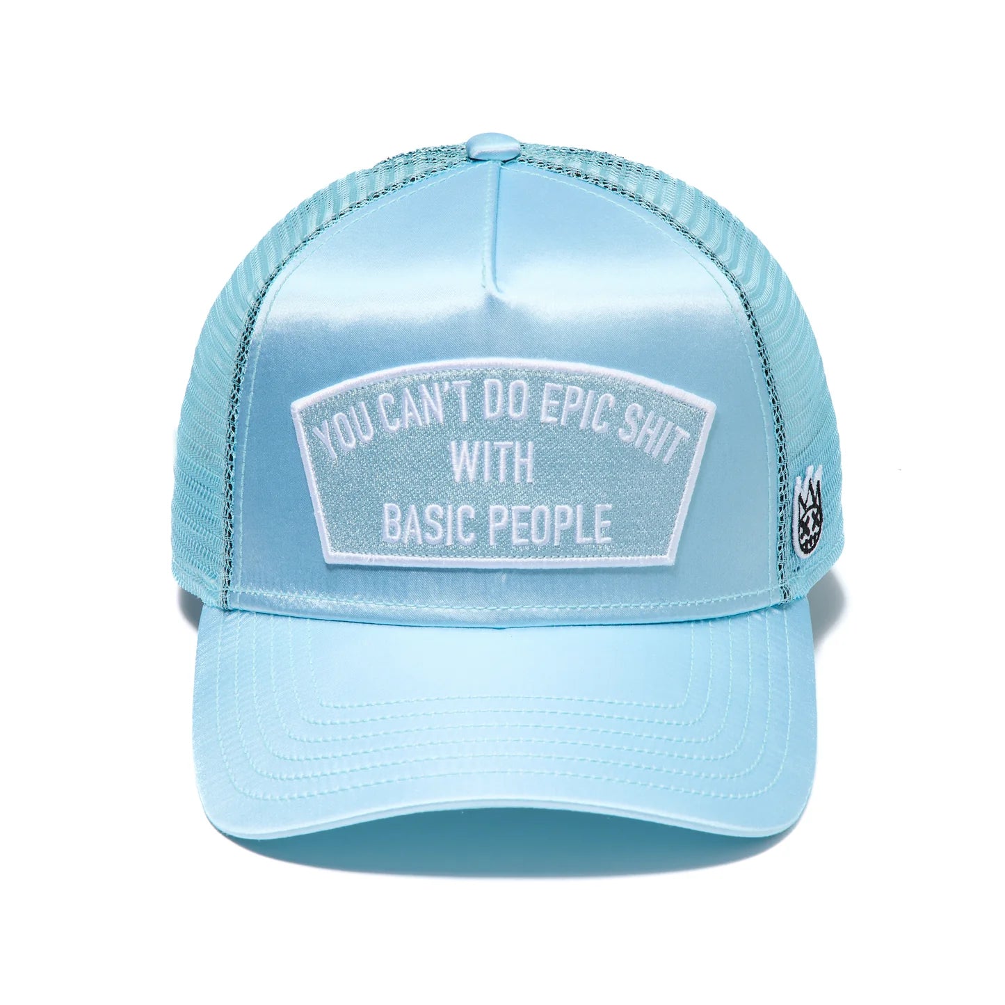Cult's Mesh Trucker Hat With Satin "Epic Shit" In Blue Glow SKU: 626AC-CH73A