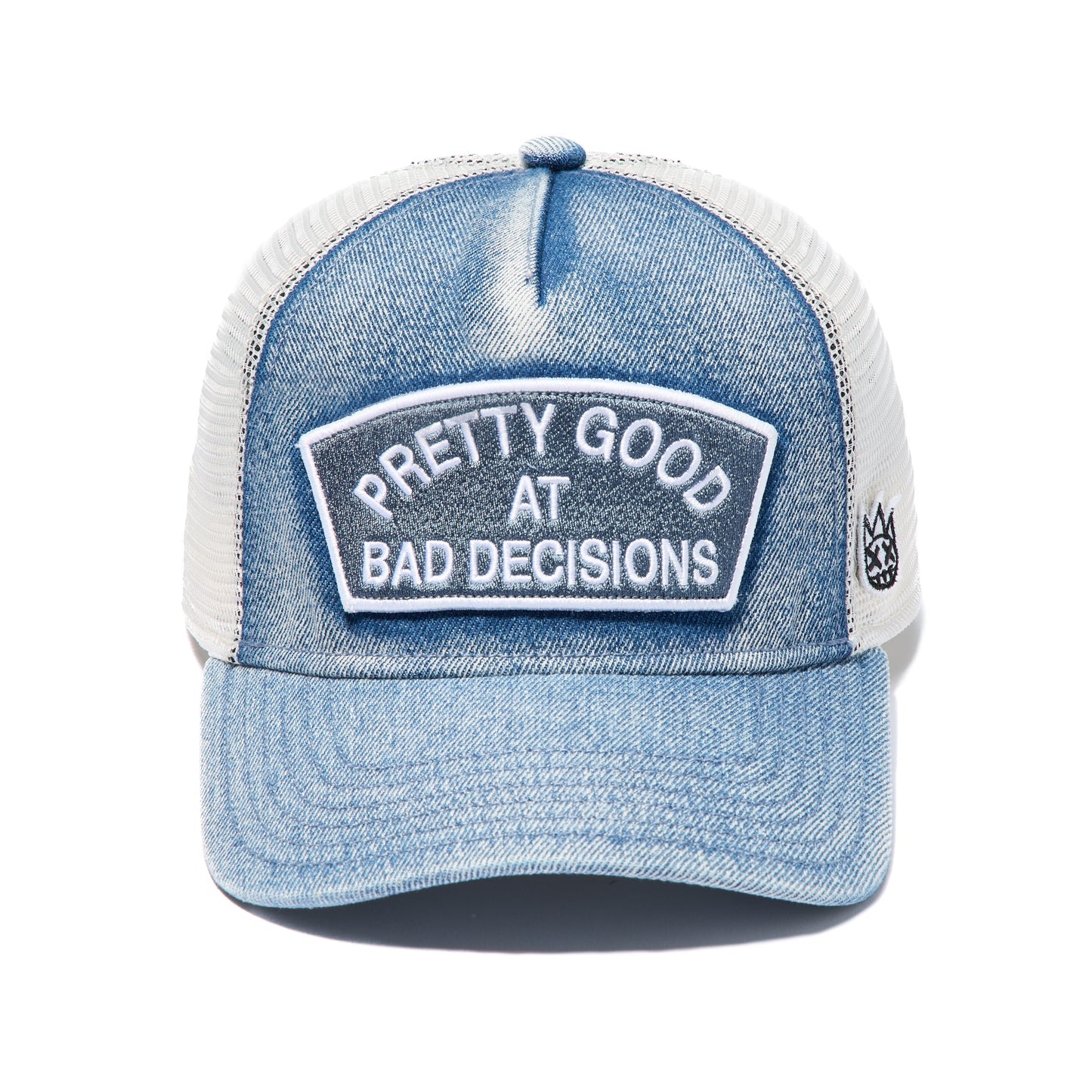 Cult's Mesh Trucker Hat "Good At Bad Decisions" In Denim  626AC-CH74A