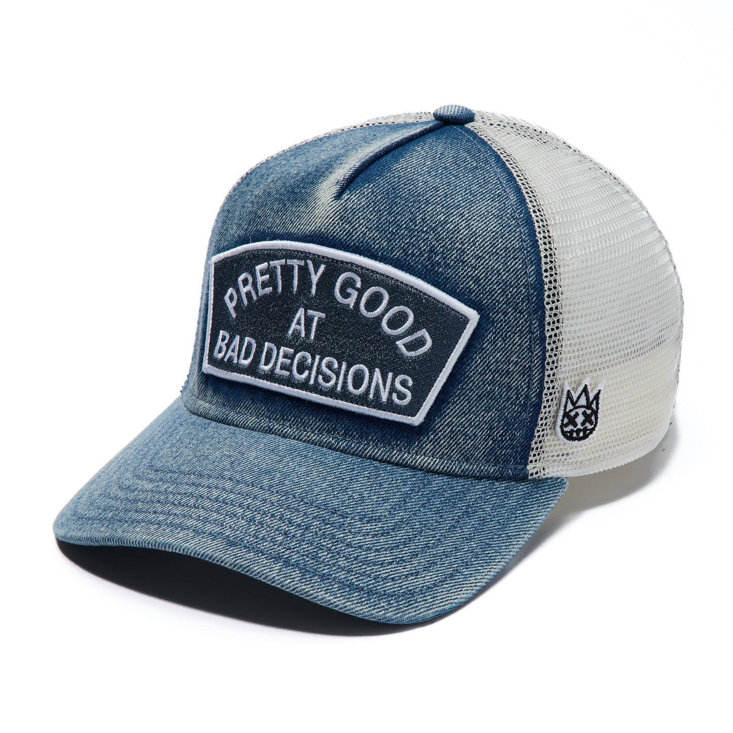 Cult's Mesh Trucker Hat "Good At Bad Decisions" In Denim  626AC-CH74A