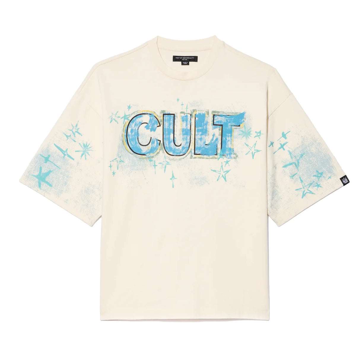 Cult's Oversized Short Sleeve Crew Neck Tee "Stars" 260 Grams In Winter White  626B10-K28A