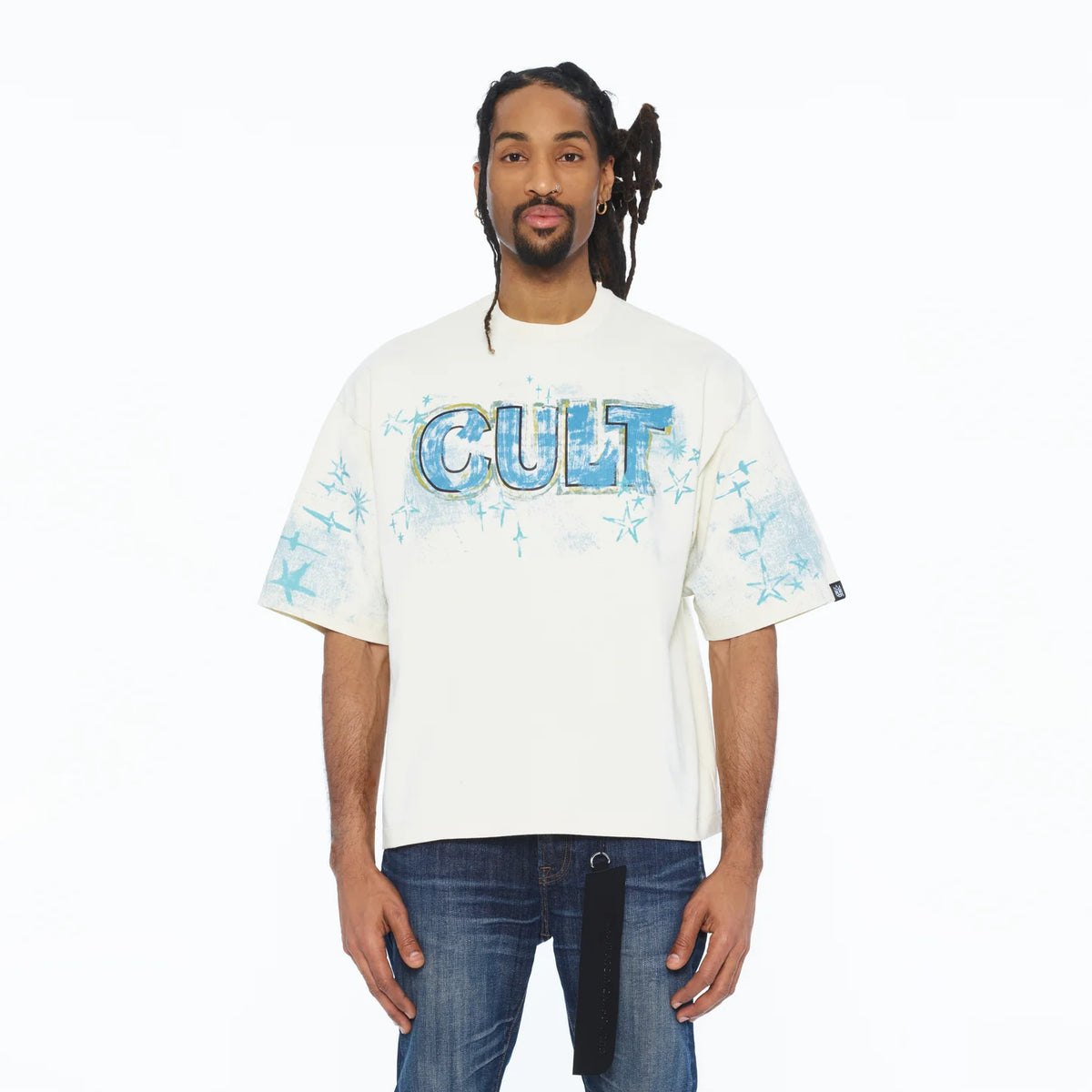 Cult's Oversized Short Sleeve Crew Neck Tee "Stars" 260 Grams In Winter White  626B10-K28A