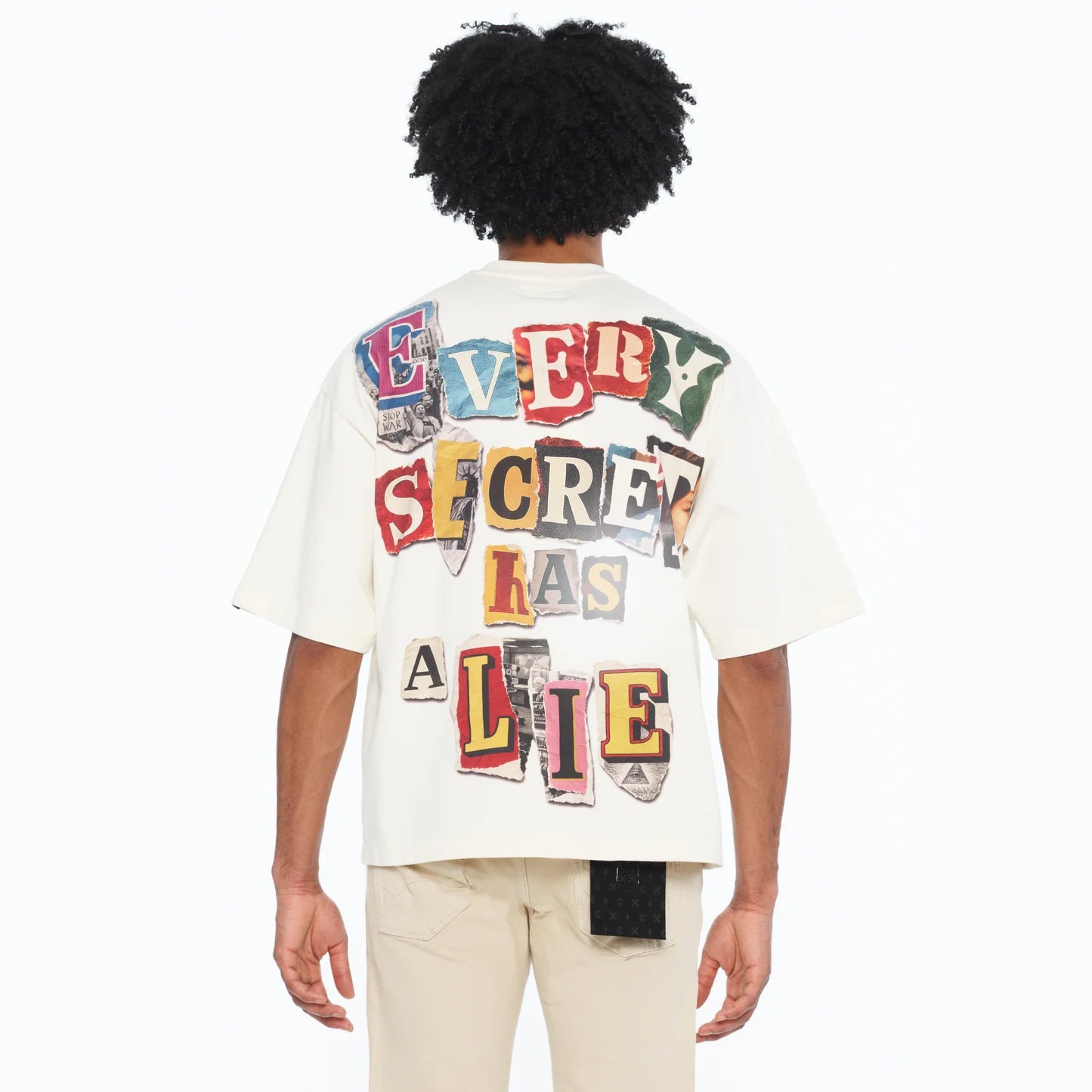 Cult's Oversized Short Sleeve Crew Neck Tee "Every Secret Has A Lie In Winter White  626B7-K33A