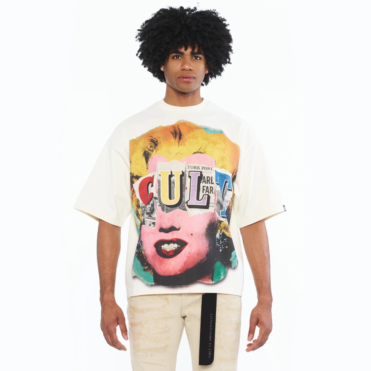 Cult's Oversized Short Sleeve Crew Neck Tee "Every Secret Has A Lie In Winter White  626B7-K33A