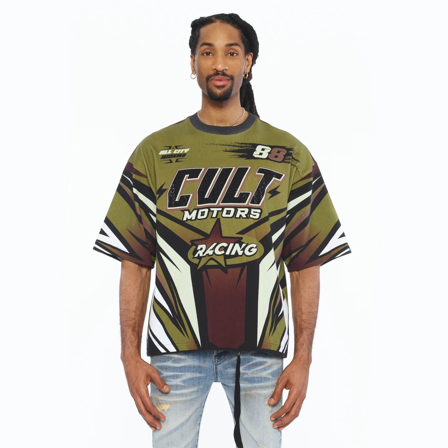 Cult's Oversized Short Sleeve Crew Neck Tee "Racer" 260 Grams In Multi  626B7-K47A