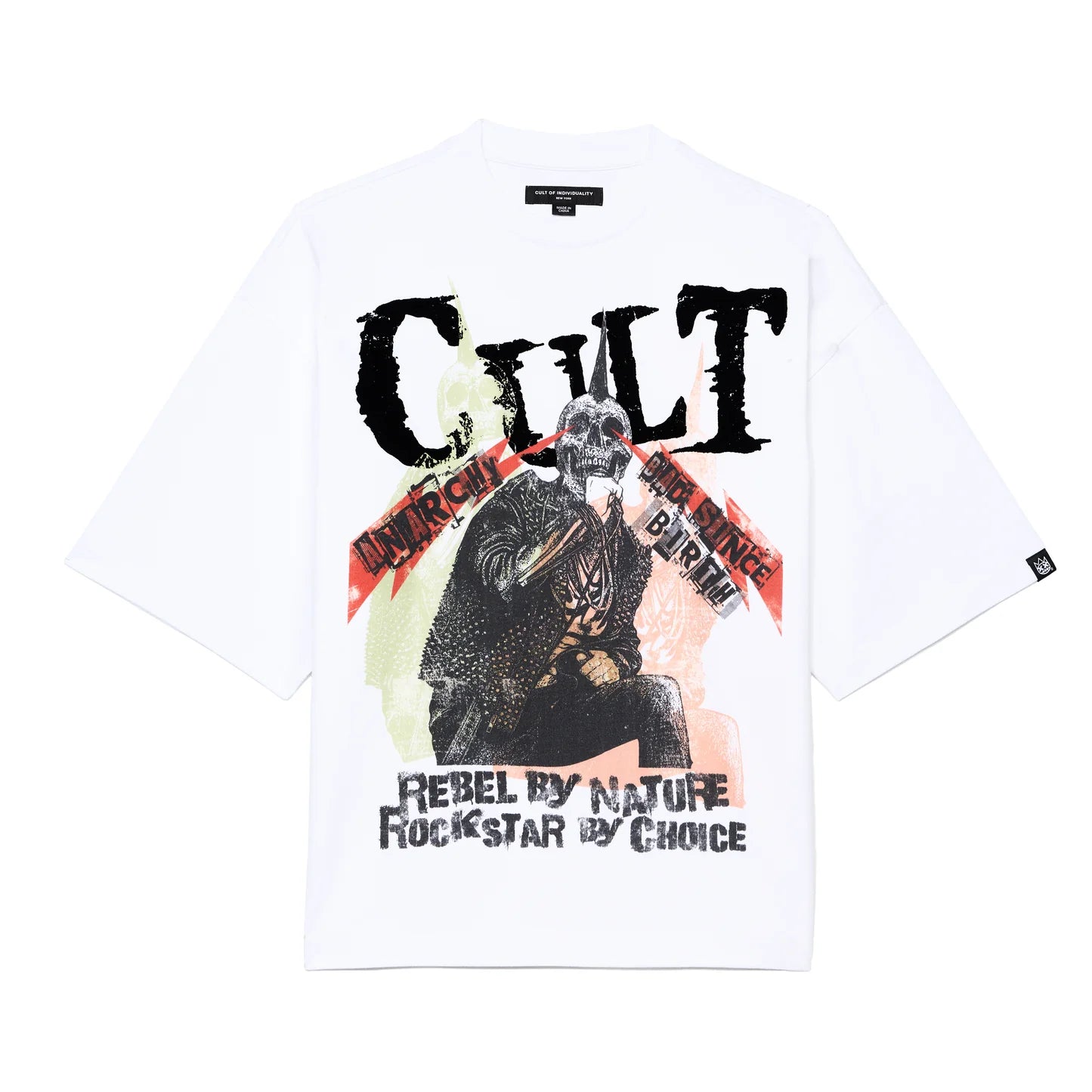 Cult's Oversized Short Sleeve Crew Neck Tee "Cult Anarchy" 260 Gram In White  626B7-K49A
