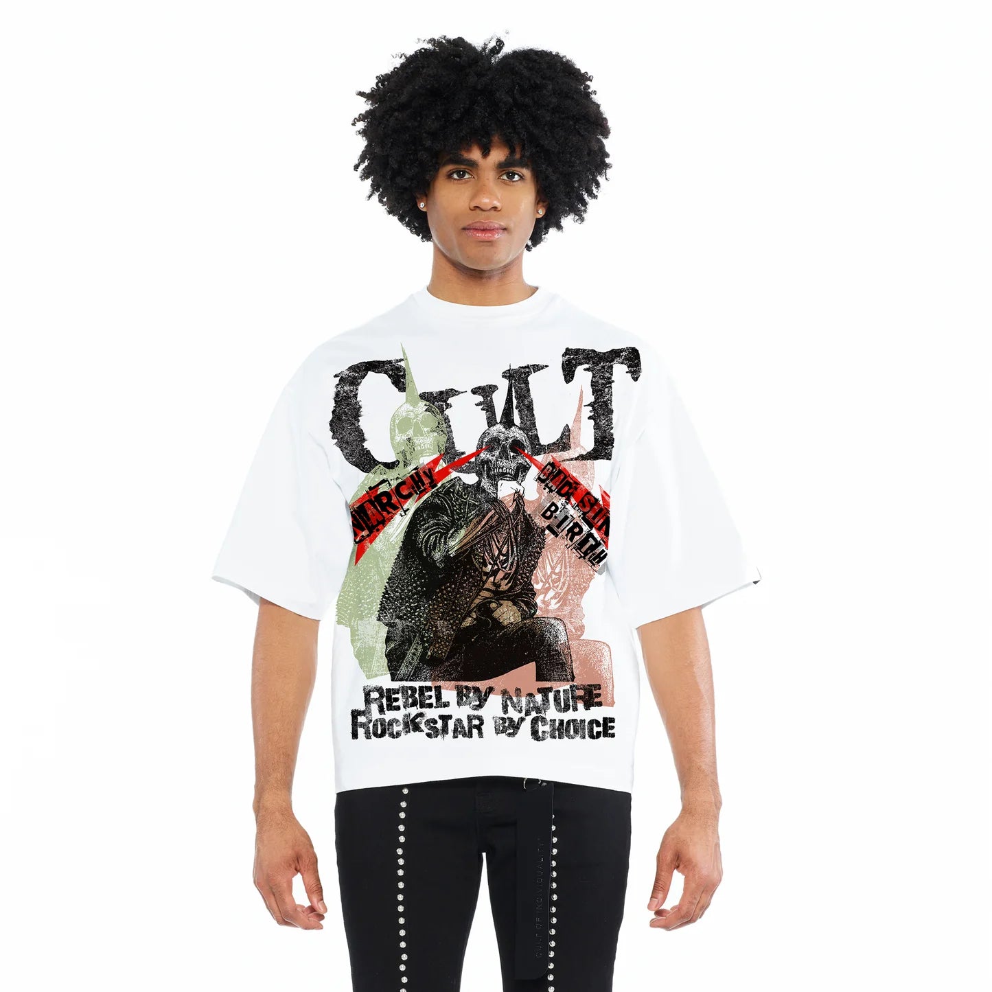 Cult's Oversized Short Sleeve Crew Neck Tee "Cult Anarchy" 260 Gram In White  626B7-K49A