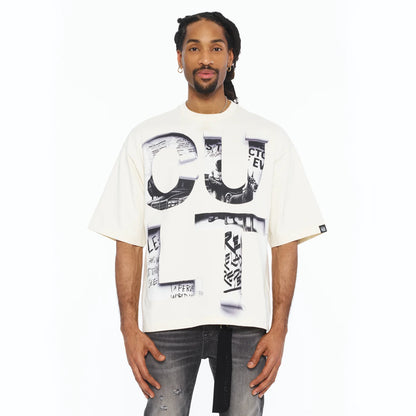 Cult's Oversized Short Sleeve Crew Neck Tee "Cult Newspaper" 260 Gr In Winter White  626B8-K29A