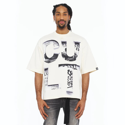 Cult's Oversized Short Sleeve Crew Neck Tee "Cult Newspaper" 260 Gr In Winter White  626B8-K29A