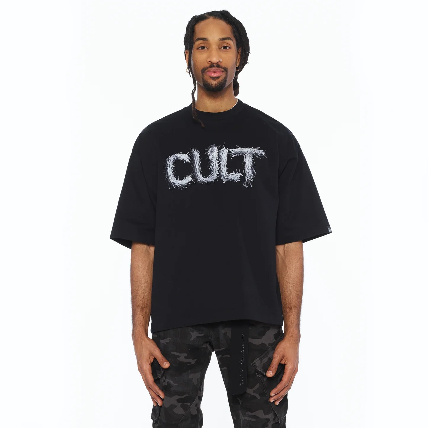 Cult's Oversized Short Sleeve Crew Neck Tee "Shredded" 260 Grams In Black  626B8-K35A