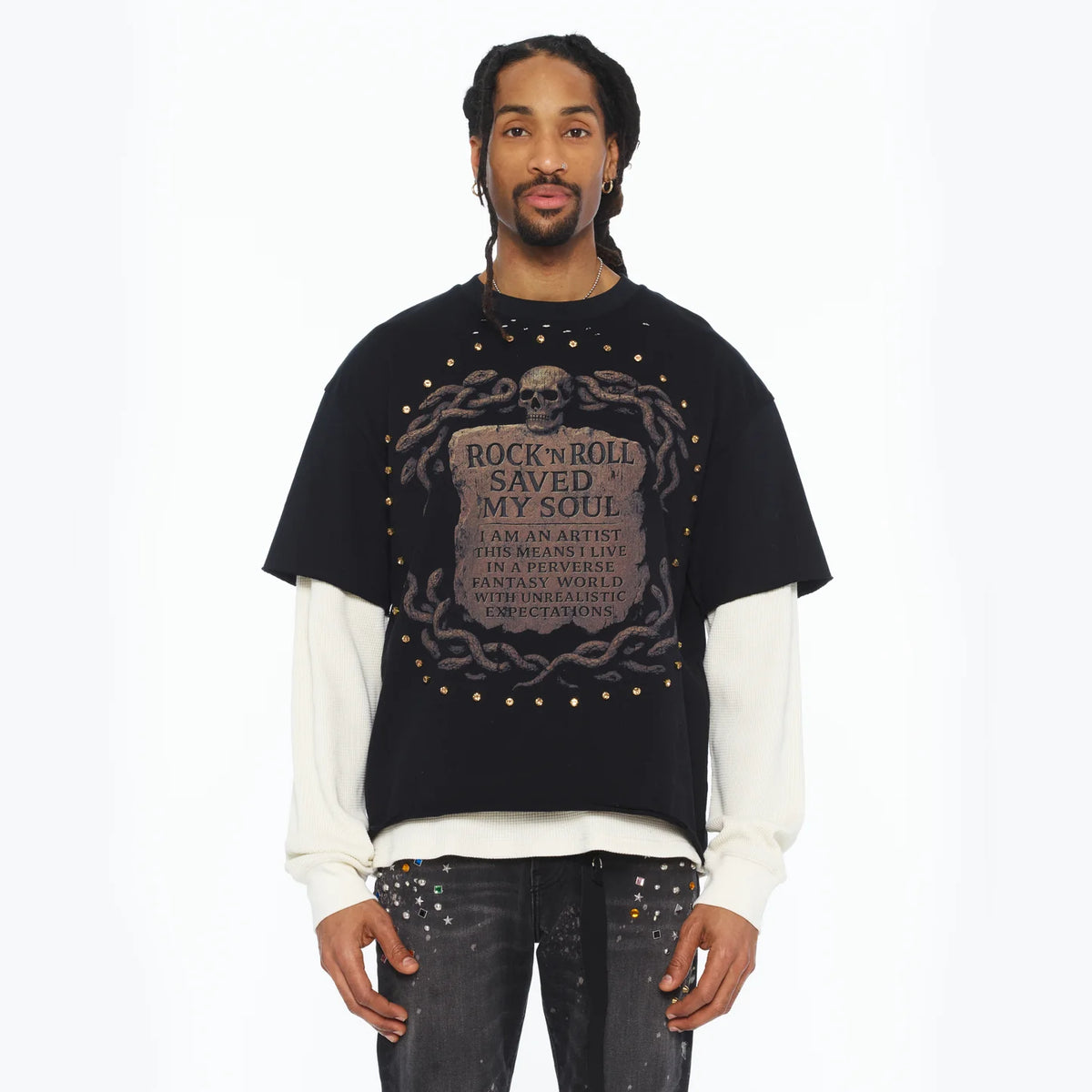 Cult's Long Sleeve Layered Thermal Tee "Rock N Roll Saved My Soul" In Black  626B8-LST72A