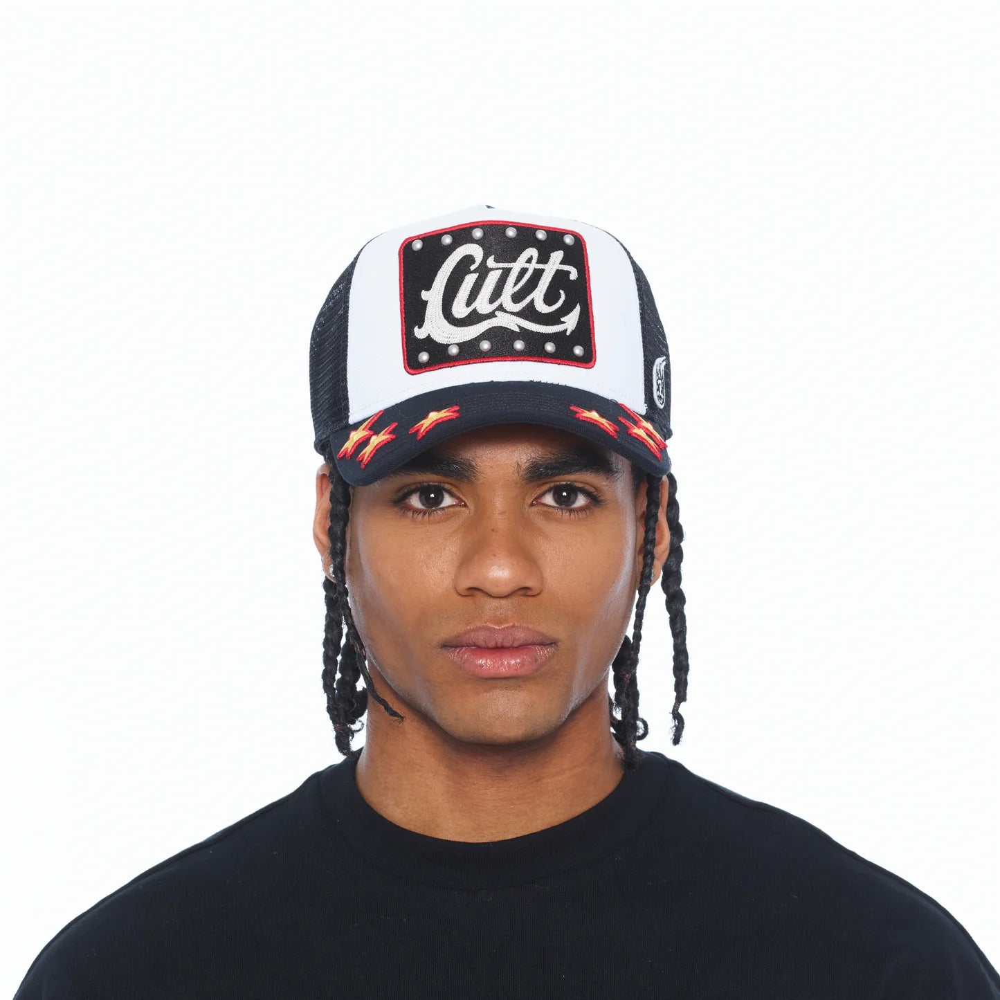 Cult's Mesh Back Trucker Hat "Stars" In White 626BC-CH48A