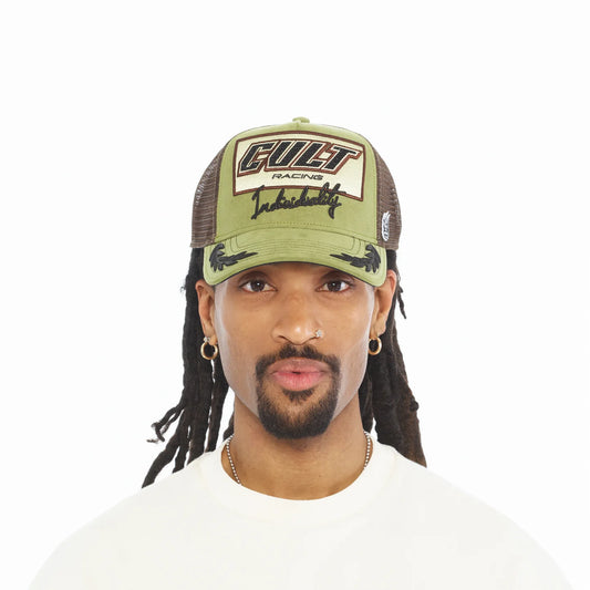 Cult's Mesh Back Trucker Hat "Cult Racing" In Olive 626BC-CH54A