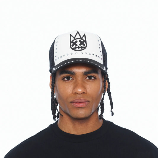 Cult's Mesh Back Trucker Hat "Divine Sounds" In Black/White 626BC-CH59A