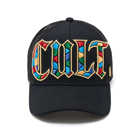 Cult's Mesh Back Trucker Hat "Stained Glass" In Black SKU: 626BC-CH61A-ONE