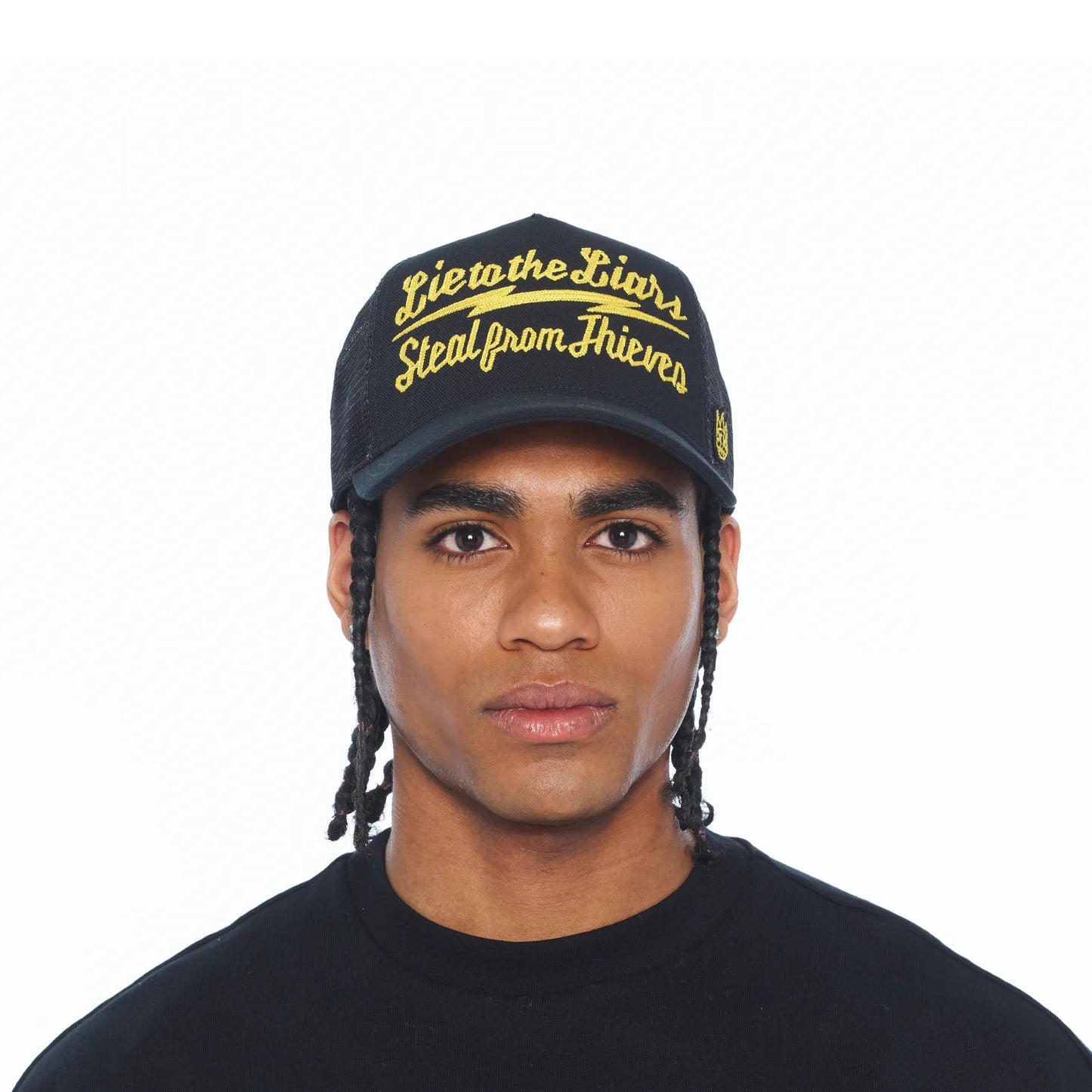 Cult's Mesh Back Trucker Hat "Lie To The Liars" In Black/Yellow 626BC-CH66A