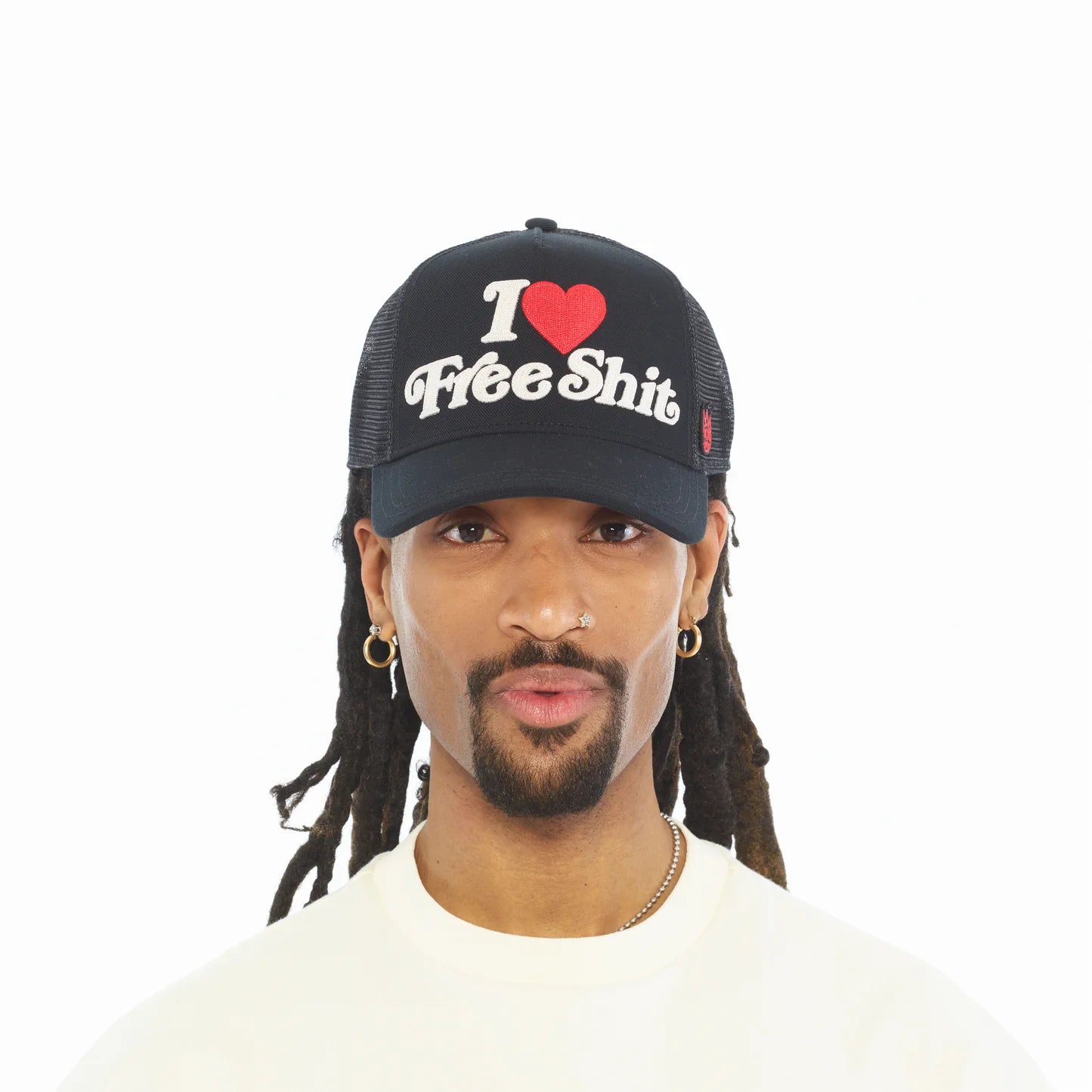 Cult's Mesh Back Trucker Hat "I Love Free Shit" In Black 626BC-CH69A