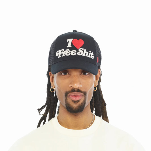 Cult's Mesh Back Trucker Hat "I Love Free Shit" In Black 626BC-CH69A