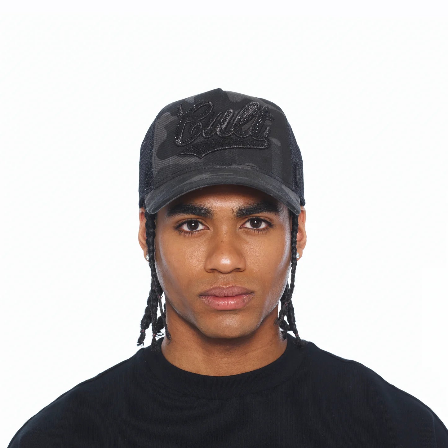 Cult's Mesh Back Trucker Hat "Camo Crystal Script" In Black Camo 626BC-CH70A