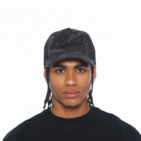 Cult's Mesh Back Trucker Hat "Camo Crystal Script" In Black Camo 626BC-CH70A