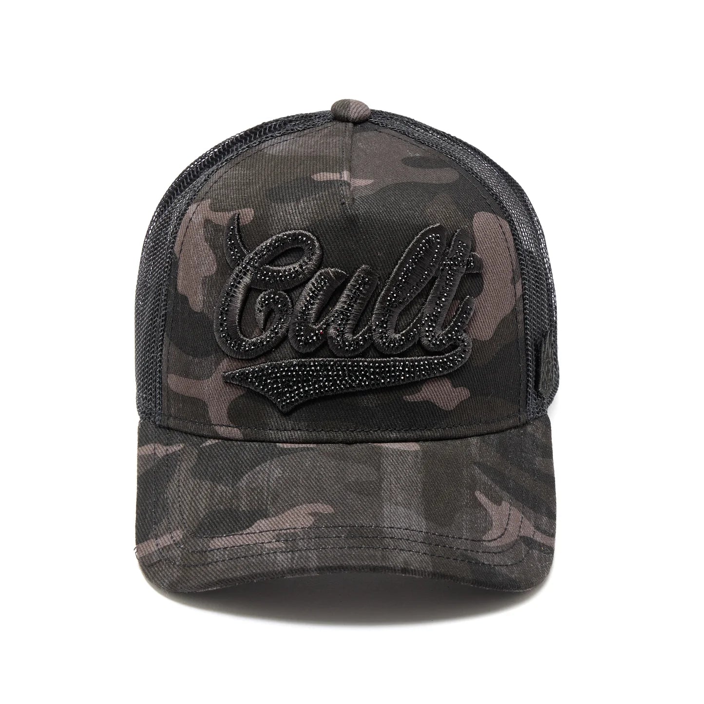 Cult's Mesh Back Trucker Hat "Camo Crystal Script" In Black Camo 626BC-CH70A