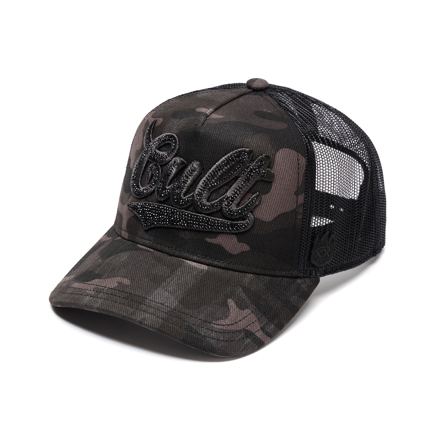Cult's Mesh Back Trucker Hat "Camo Crystal Script" In Black Camo 626BC-CH70A