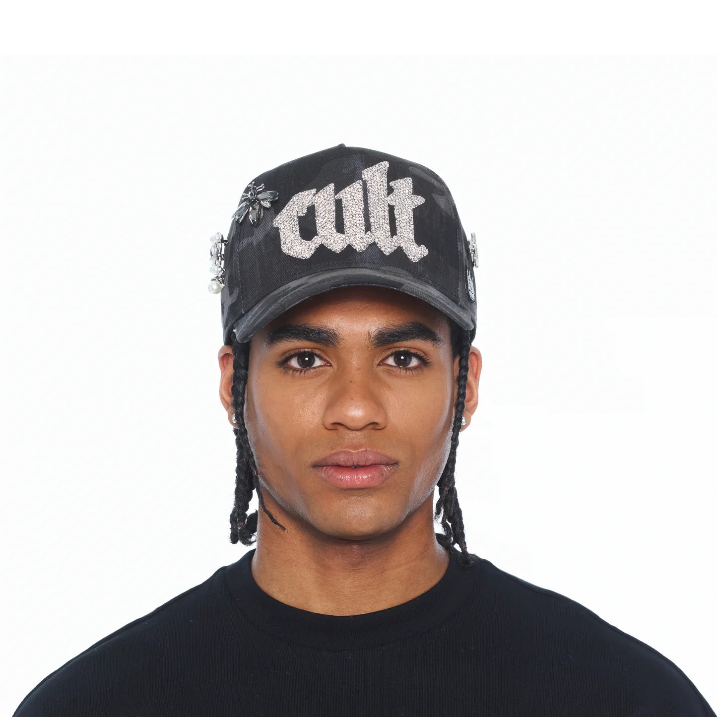 Cult's Mesh Back Trucker Hat "Old English Crystal Logo" In Black Camo 626BC-CH71A