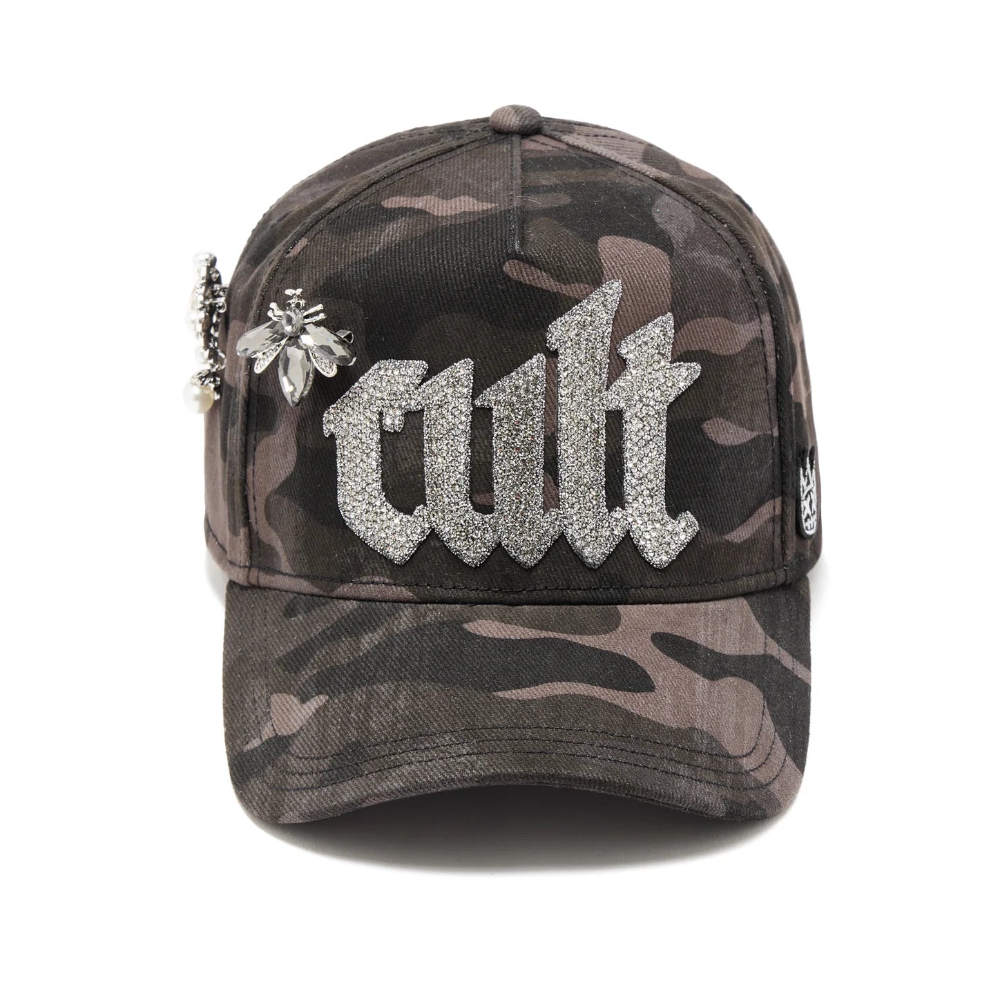 Cult's Mesh Back Trucker Hat "Old English Crystal Logo" In Black Camo 626BC-CH71A