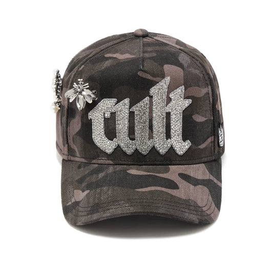 Cult's Mesh Back Trucker Hat "Old English Crystal Logo" In Black Camo 626BC-CH71A