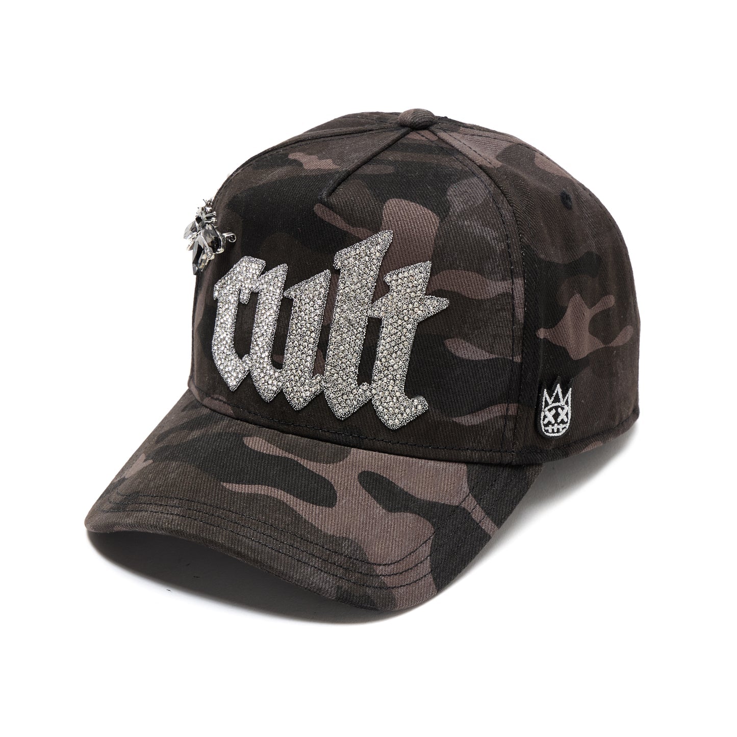 Cult's Mesh Back Trucker Hat "Old English Crystal Logo" In Black Camo 626BC-CH71A