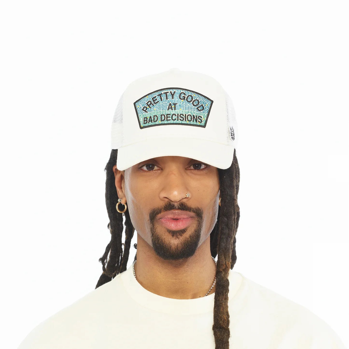 Cult's Mesh Back Trucker Hat "Pretty Good At Bad Decisions" In Winter White  626BC-CH76A