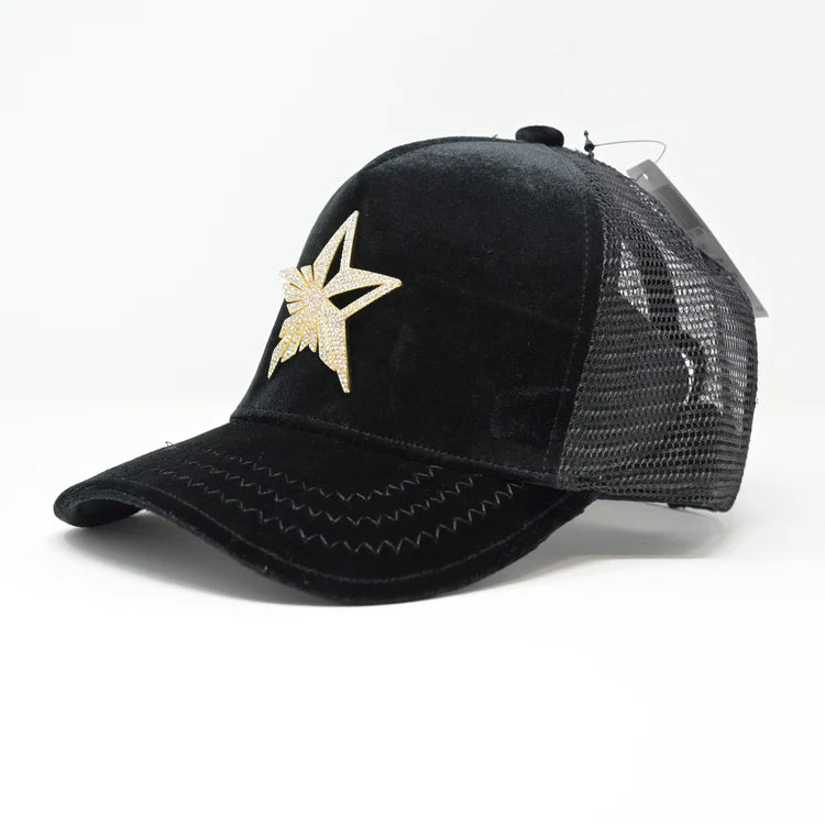 Star Logo Black Trucker Hat Golden