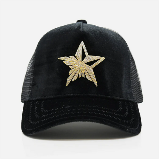 Star Logo Black Trucker Hat Golden