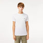 Front view of a model wearing the white Lacoste Crew Neck Pima Cotton Jersey T-Shirt, highlighting its regular fit and premium Peruvian cotton material
