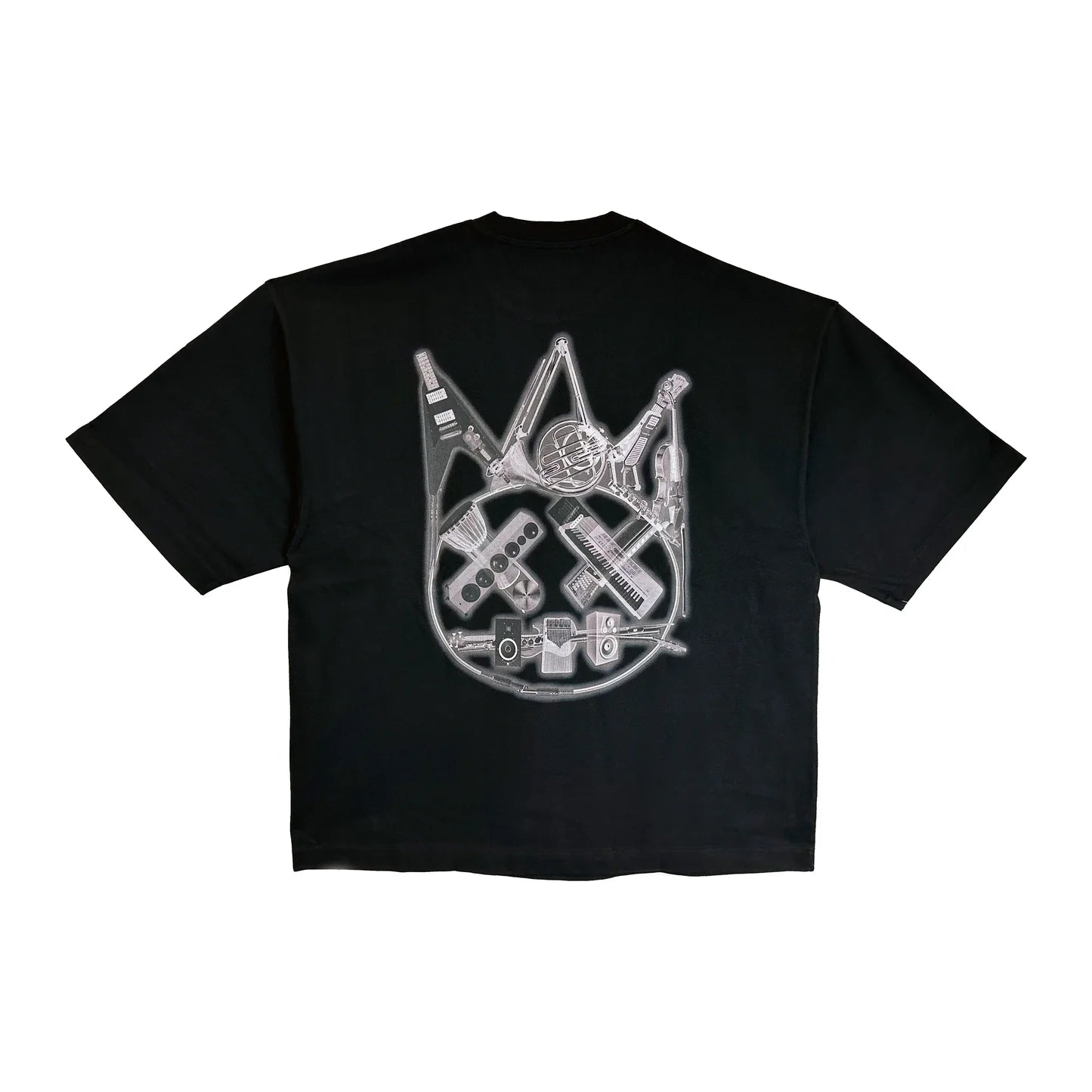 Cult's Oversized Heavyweight Boxy Short Sleeve Crew Neck Tee "Instruments" in Black 625B7-K20A-S