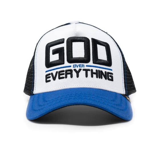GOLD STAR HAT - "GOD OVER EVERYTHING" TRUCKER HAT WHITE/BLUE UNISEX