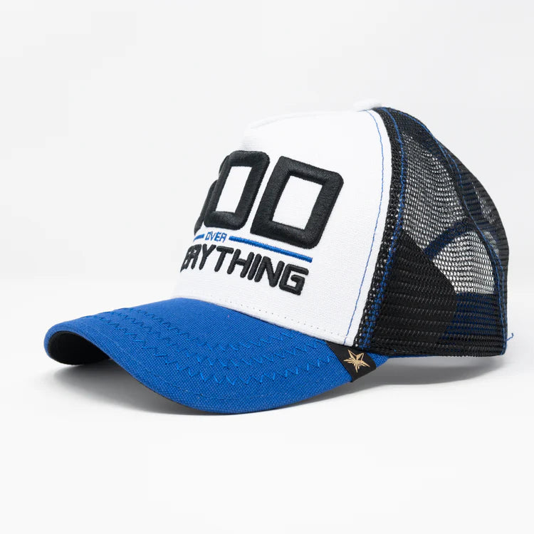 GOLD STAR HAT - "GOD OVER EVERYTHING" TRUCKER HAT WHITE/BLUE UNISEX