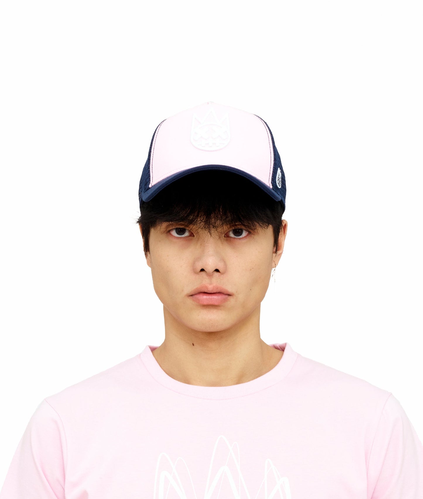 MESH BACK TRUCKER CURVED VISOR W/ POWDER PINK CROWN , WHITE LOGO, NVY VISOR, NAVY MESH
