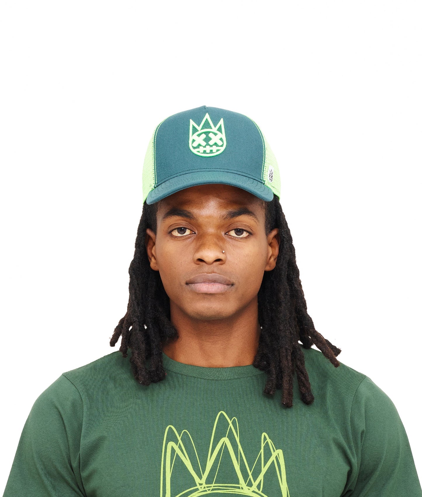 MESH BACK TRUCKER CURVED VISOR W/ ARTICHOKE CROWN , SAFTY GREEN LOGO, ARTTICHOKE VISOR, SAFTEY GREEN MESH