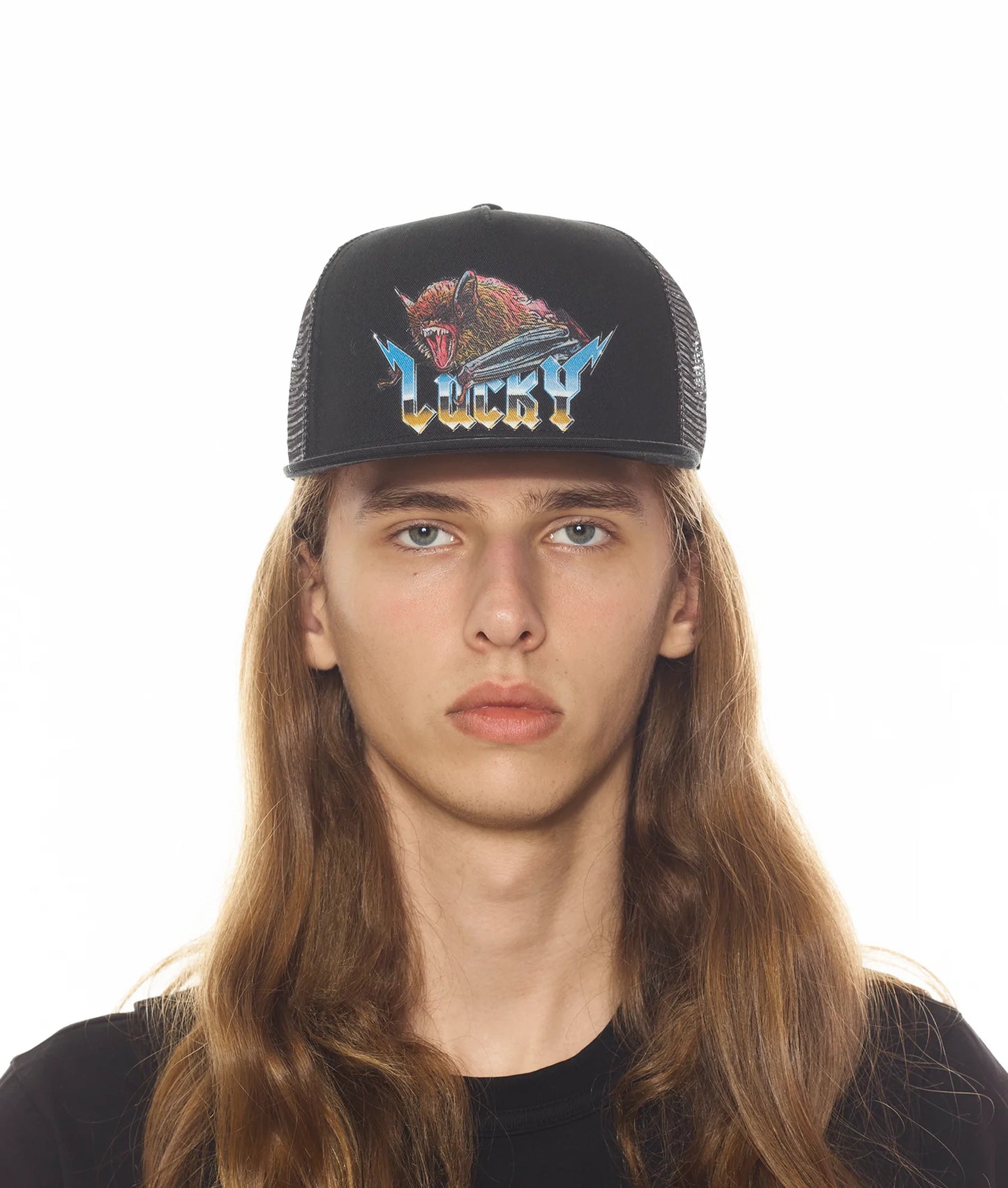 LUCKY BASTARD LOGO TRUCKER HAT IN BLACK