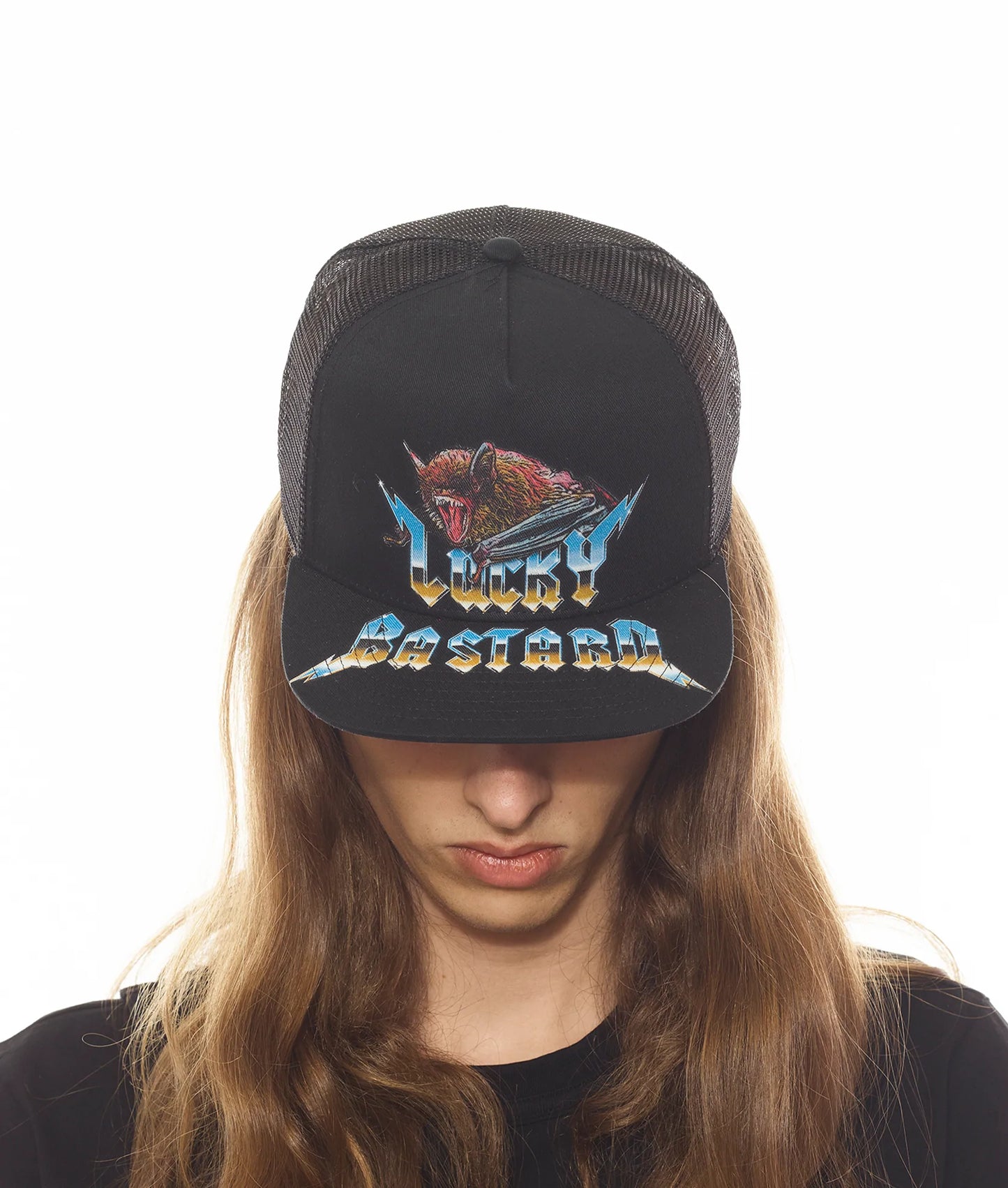 LUCKY BASTARD LOGO TRUCKER HAT IN BLACK