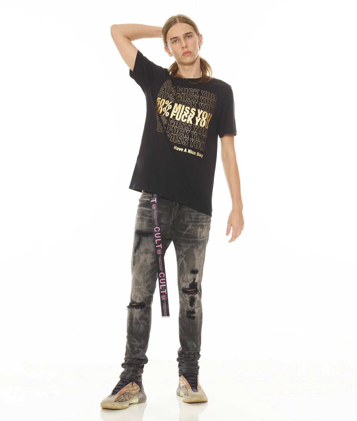 SHORT SLEEVE CREW NECK TEE "50% MISS YOU" IN BLACK
