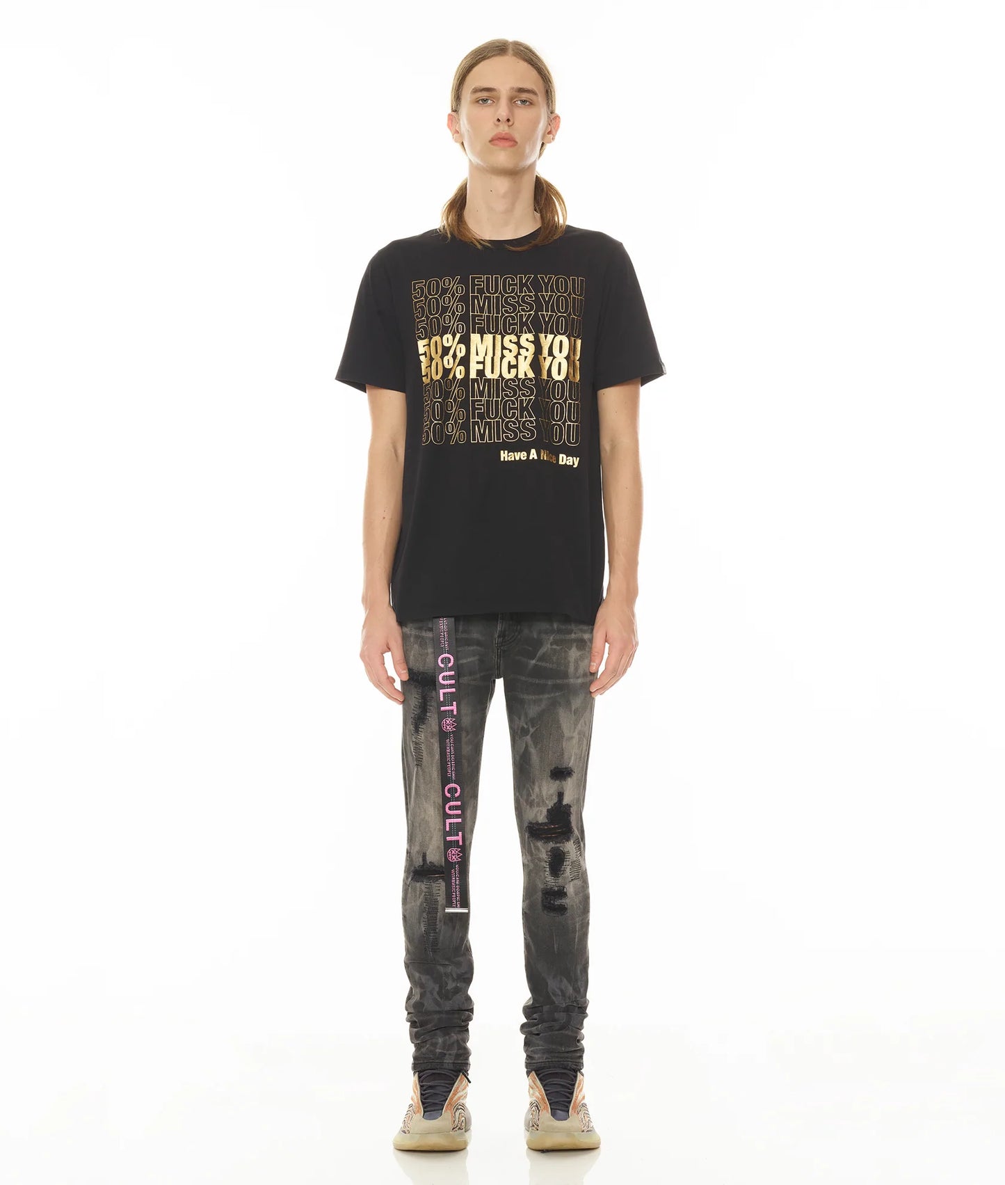 SHORT SLEEVE CREW NECK TEE "50% MISS YOU" IN BLACK