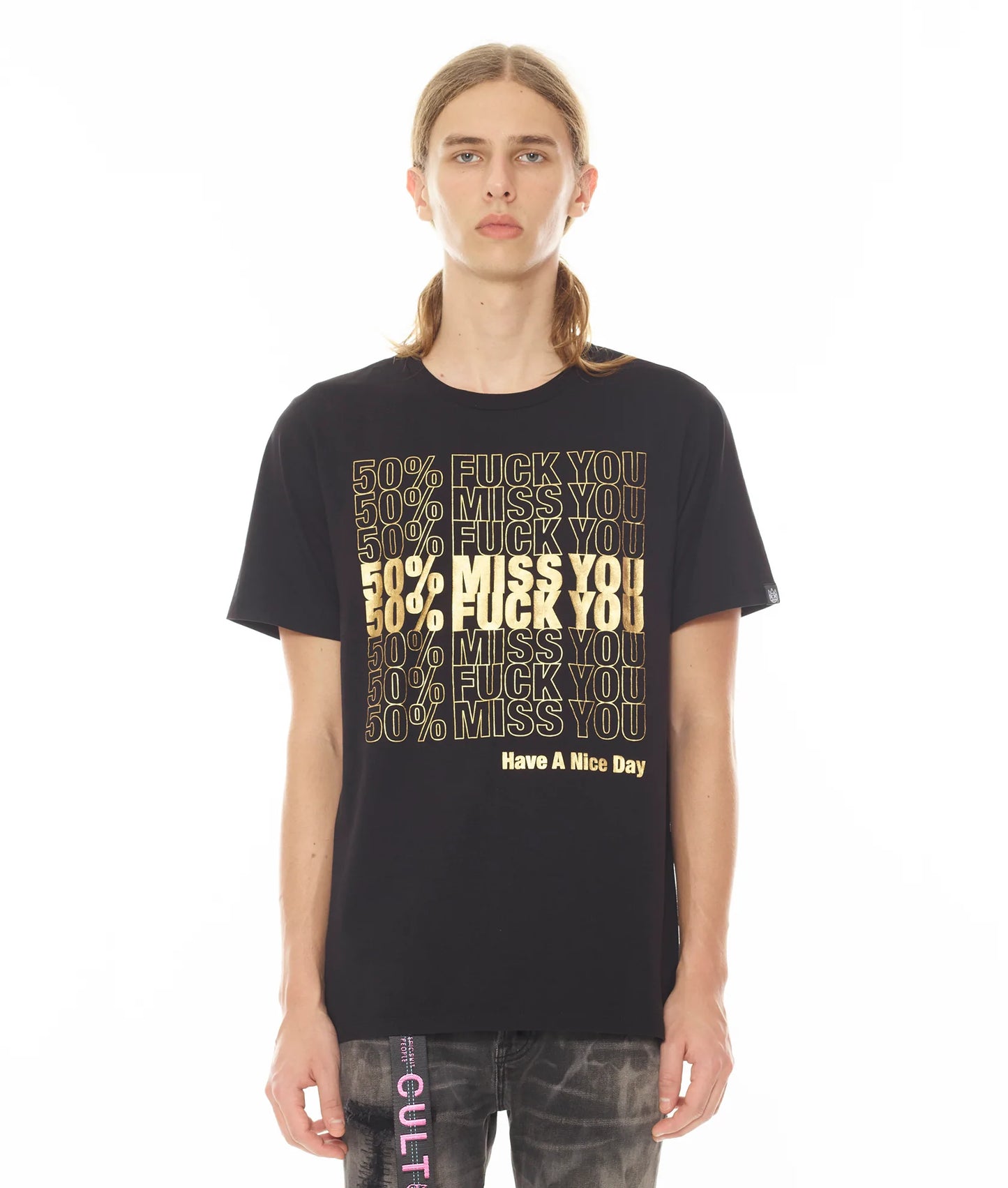 SHORT SLEEVE CREW NECK TEE "50% MISS YOU" IN BLACK