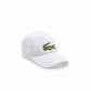 Side front view of Unisex Lacoste Adjustable Organic Cotton Twill Cap in black, featuring XL logo, embroidered crocodile, adjustable strap, and made from organic cotton twill