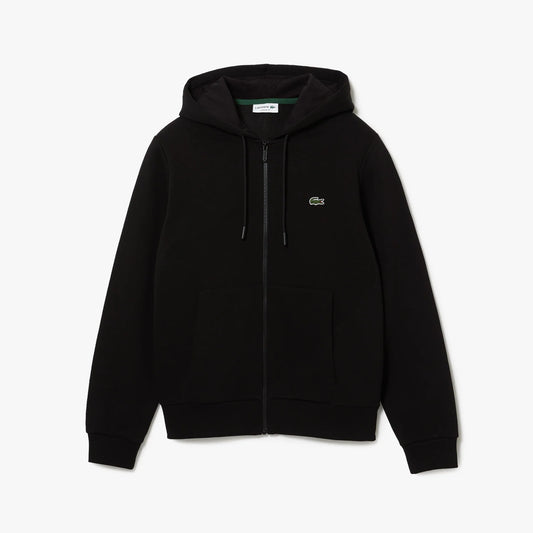 Front view of the Lacoste Hoodie SH9626, featuring a classic fit and impeccable details including a jersey-lined hood for warmth, kangaroo pocket for convenience, and the iconic embroidered crocodile sewn onto the chest, crafted from brushed organic cotton fleece for both comfort and environmental sustainability